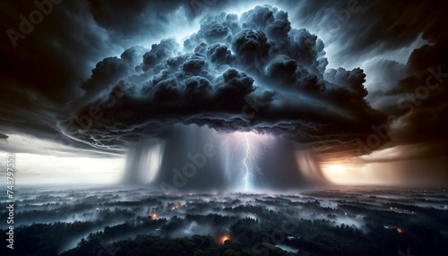 A panoramic view of a dramatic sky filled with dark, heavy rain clouds. Raindrops are seen falling from the sky, with occasional flashes of lightning