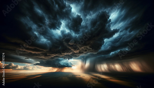 A panoramic view of a dramatic sky filled with dark, heavy rain clouds. Raindrops are seen falling from the sky, with occasional flashes of lightning