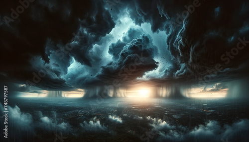 A panoramic view of a dramatic sky filled with dark  heavy rain clouds. Raindrops are seen falling from the sky  with occasional flashes of lightning