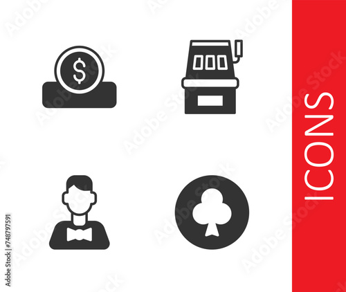 Set Playing card with clubs symbol, Coin money dollar, Casino dealer and Slot machine icon. Vector