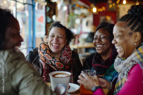 A group of black women smiling and gathered in a cafe, toasting and celebrating friendship and Women's Day with joy