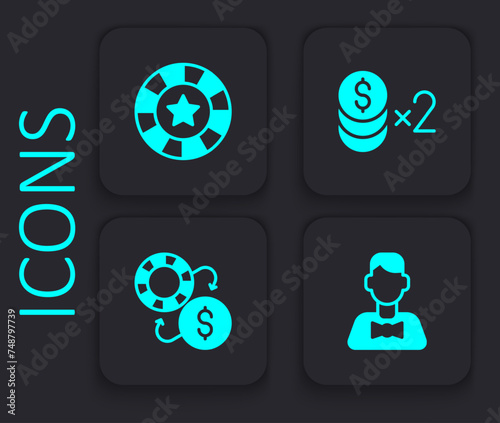 Set Casino dealer, chips, with dollar and exchange icon. Black square button. Vector