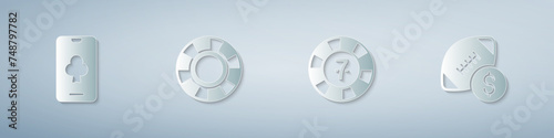 Set Online poker table game, Casino chips, and American football betting money. Paper art style. Vector