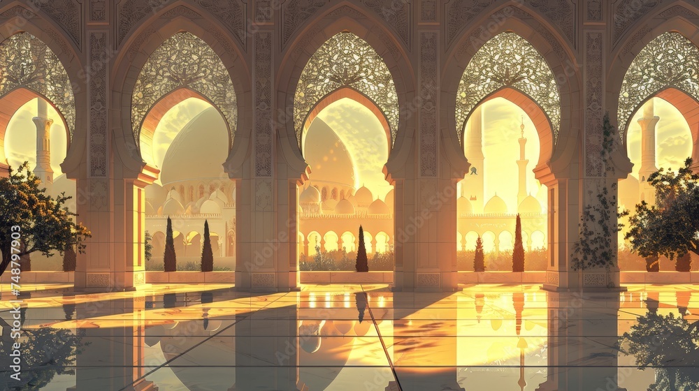 Islamic architecture is captured with intricate arches and detailed ornamentation, set against the serene backdrop of autumnal trees Islamic architecture is captured with intricate arches and detailed ornamentation, set against the serene backdrop of autumnal trees