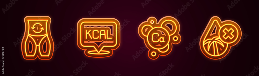 Set line Metabolism, Kcal, Calcium and Palm oil free. Glowing neon icon. Vector