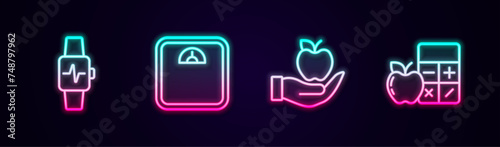 Set line Smart watch with heart, Bathroom scales, Apple and Calorie calculator. Glowing neon icon. Vector