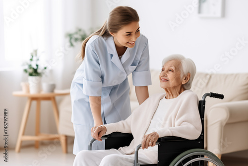 Joyful Senior Woman and Caring Nurse in Bright Living Room  Capturing Warm Healthcare Moments.