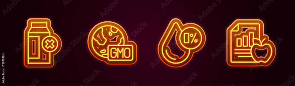 Set line Lactose intolerance, GMO, Water balance and Diet plan. Glowing neon icon. Vector