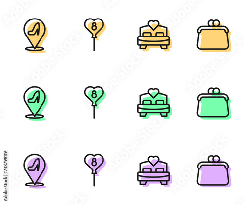 Set line Bedroom, Woman shoe, Balloons with 8 March and Handbag icon. Vector