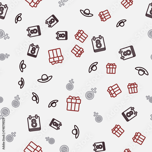 Set line Elegant women hat, Calendar with 8 March, International Women Day and Gift box and heart on seamless pattern. Vector