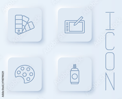 Set line Color palette guide, Graphic tablet, Palette and Paint spray can. White square button. Vector