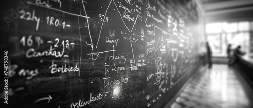 Monochrome scientific formulas and diagrams on chalkboard with chalk dust texture photo