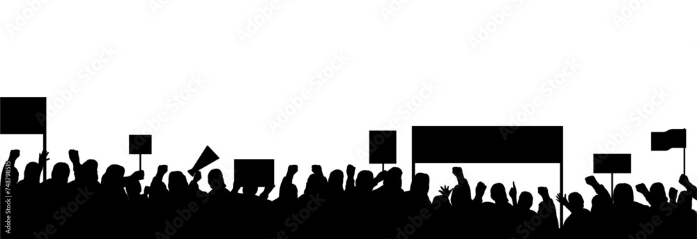 Silhouette of people protesting, concept of revolution or support of the bill.