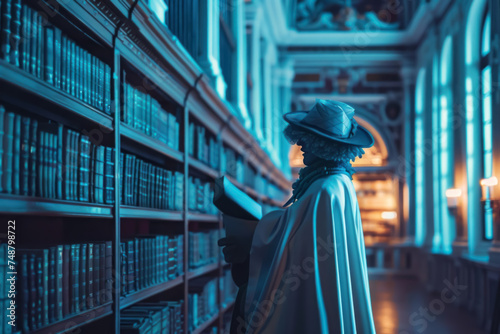 Time-traveler's paradox with modern-day scientist and Renaissance-era doppelg?nger in library, blending futuristic tech with classical architecture photo