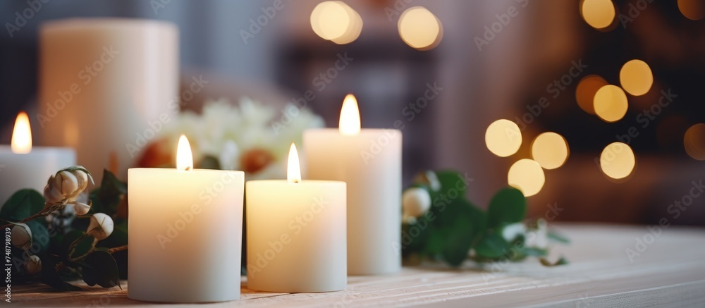 A collection of white candles arranged neatly on top of a wooden table, creating a simple yet elegant display. The candles are unlit and sit side by side, casting a soft glow in the room. A collection of white candles arranged neatly on top of a wooden table, creating a simple yet elegant display. The candles are unlit and sit side by side, casting a soft glow in the room.