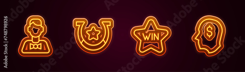 Set line Casino dealer, Horseshoe, win and Lucky player. Glowing neon icon. Vector