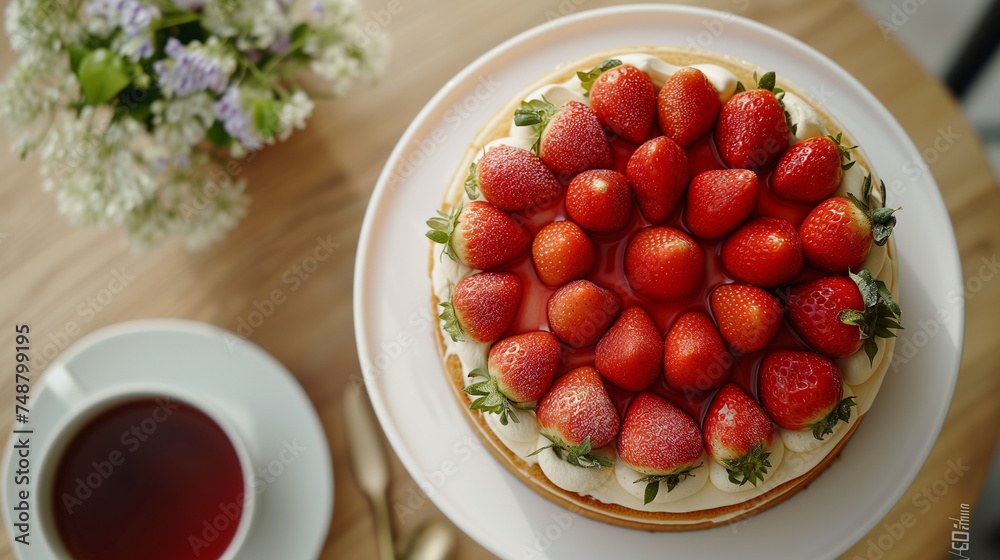 Strawberry Cake, the perfect summer dessert or cake topping. Fresh strawberries with whipped cream Strawberry Cake, the perfect summer dessert or cake topping. Fresh strawberries with whipped cream