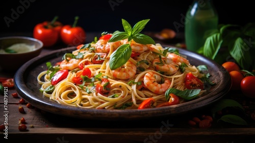pasta with shrimp, tomatoes, basil and parmesan cheese in a wooden plate