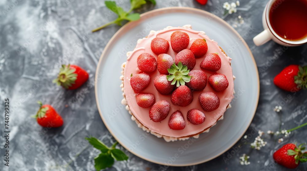 Strawberry Cake, the perfect summer dessert or cake topping. Fresh strawberries with whipped cream Strawberry Cake, the perfect summer dessert or cake topping. Fresh strawberries with whipped cream