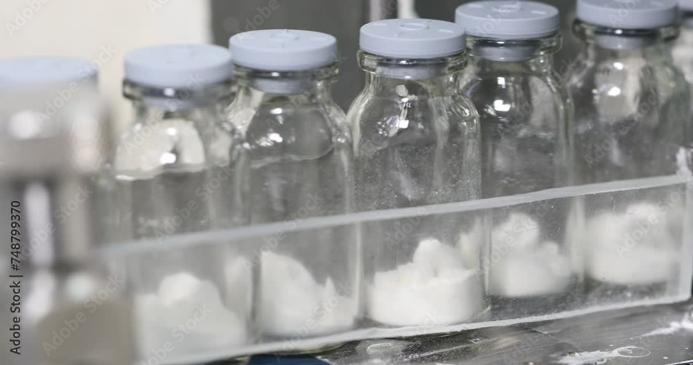 lyophilised injection, bottles filled with dry powder medicine moving in a factory. medicine injections. Pharmaceutical manufacturing medicine, drugs. vaccine making process, medical injectable lyophilised injection, bottles filled with dry powder medicine moving in a factory. medicine injections. Pharmaceutical manufacturing medicine, drugs. vaccine making process, medical injectable