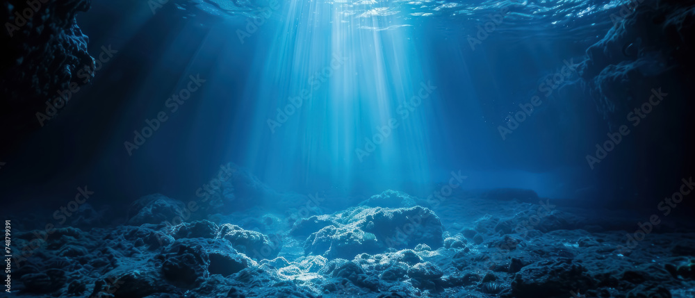 Underwater scene with blue spotlight from above, simulating ocean depths, mysterious ambiance - obrazy, fototapety, plakaty 