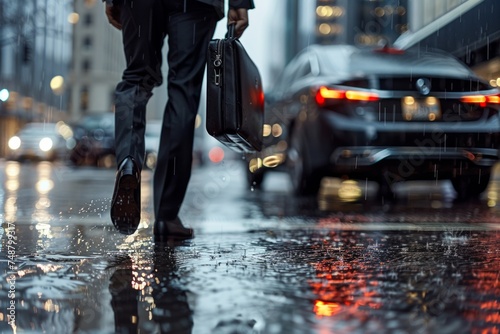 Businessperson walking on a rainy city street carrying a briefcase, with cars nearby.