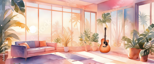 Sunlight coming through the large window. A cozy interior decorated with various foliage plants. A living room with a sofa and acoustic guitar. Watercolor style interior illustration. photo