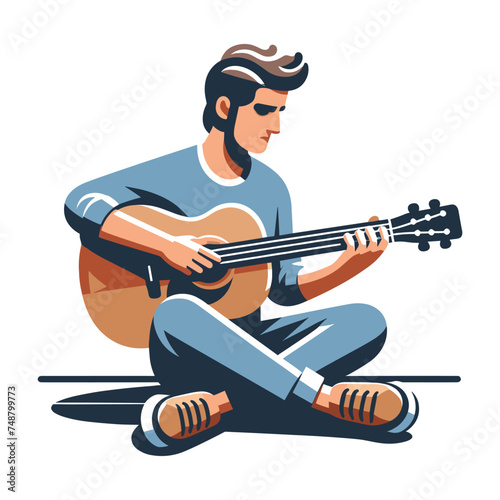 Musician man playing guitar acoustic vector illustration, male guitarist performing music, String instrument player design template isolated on white background