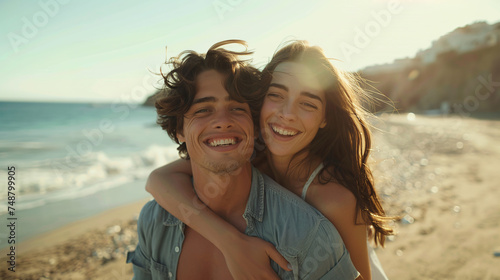 Man, woman and hugs at the ocean with sun for a holiday with a smile for the weekend with a relaxing date.