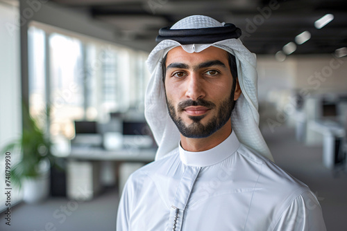 Arab businessman dressed in traditional clothes, in an office.