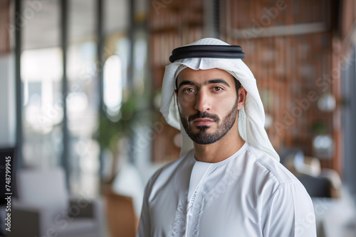 Portrait of Arab businessman dressed in traditional clothes, in an office. Muslim, Arab sheikh.