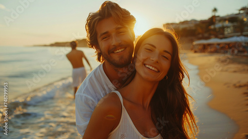 Man, woman and hugs at the ocean with sun for a holiday with a smile for the weekend with a relaxing date. © Chebix