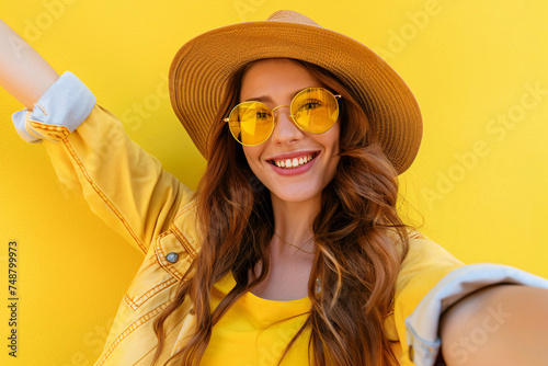 Selfie  fashion and woman with sunglasses on a yellow background