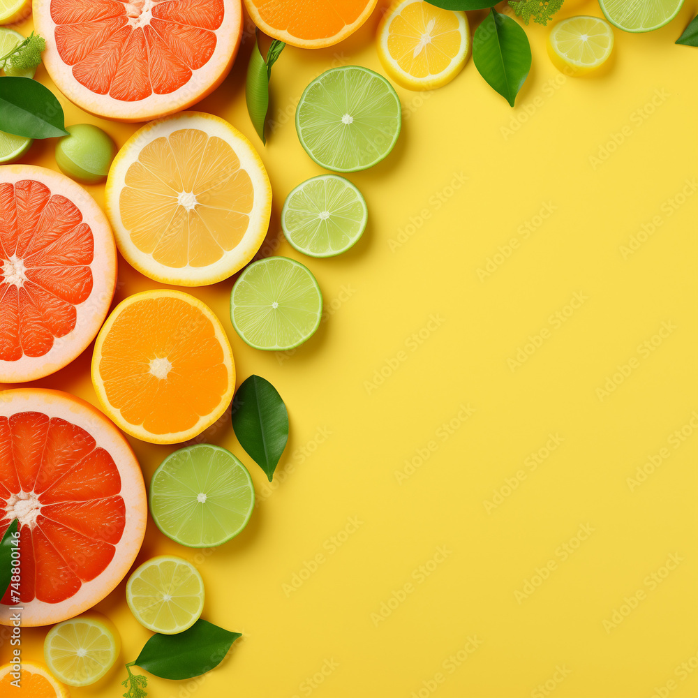 Orange and citrus fruit slices on a white background, including orange, lemon, lime, and grapefruit, representing freshness, health, and vibrant colors Orange and citrus fruit slices on a white background, including orange, lemon, lime, and grapefruit, representing freshness, health, and vibrant colors