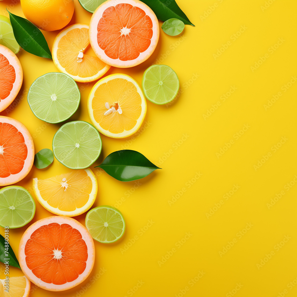 Orange and citrus fruit slices on a white background, including orange, lemon, lime, and grapefruit, representing freshness, health, and vibrant colors Orange and citrus fruit slices on a white background, including orange, lemon, lime, and grapefruit, representing freshness, health, and vibrant colors