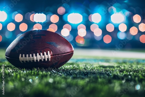Close-up of an American football on the field with stadium lights in the background