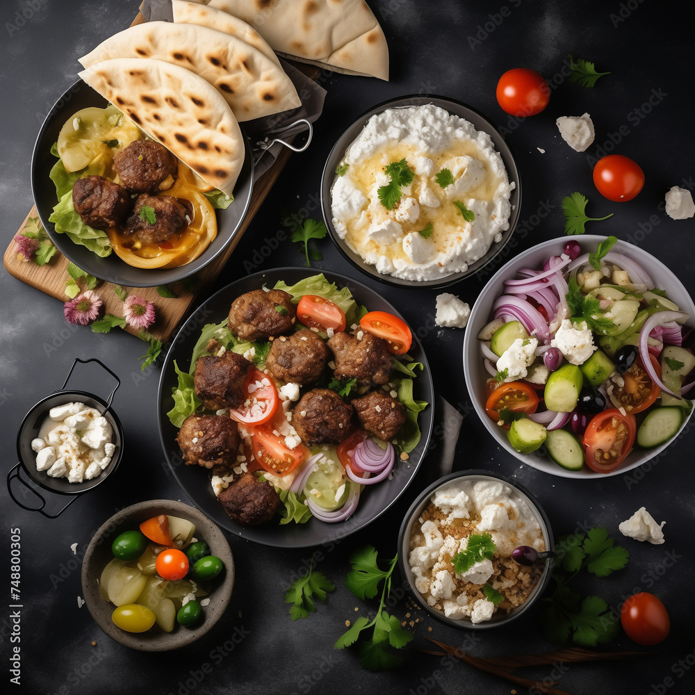 Plate with assorted food in pan and on plate, including sushi, rice, fish, vegetables, and dessert Plate with assorted food in pan and on plate, including sushi, rice, fish, vegetables, and dessert