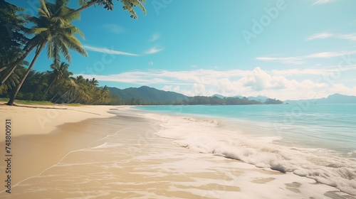 Tropical paradise beach with palm trees and turquoise water under a clear blue sky