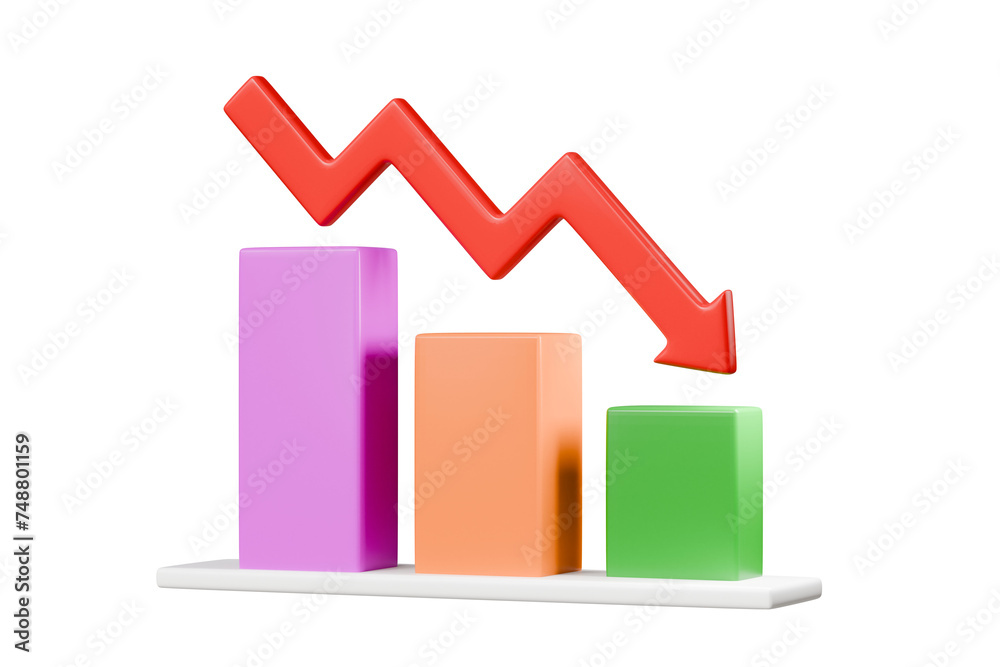 3d Red arrow with Graphs bars. bars charts with down red arrow on yellow isolated background. analytics online investment exchange, finance business economics. minimal cartoon. 3D rendering 3d Red arrow with Graphs bars. bars charts with down red arrow on yellow isolated background. analytics online investment exchange, finance business economics. minimal cartoon. 3D rendering