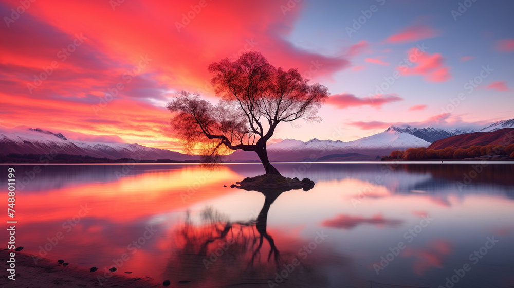 Sunset Reflections on Lake with Beautiful Orange and Blue Sky