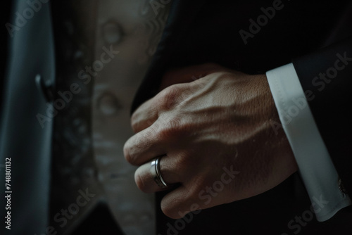 Close-up of a man's hand with a wedding ring, subtly emphasizing love and commitment.