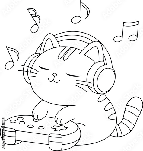 Cute cat is listening music coloring page. Cartoon kitty illustration coloring book