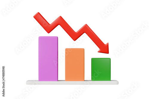 3d Red arrow with Graphs bars. bars charts with down red arrow on yellow isolated background. analytics online investment exchange, finance business economics. minimal cartoon. 3D rendering