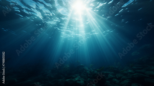 Underwater World: A Bright Reef Teeming with Fishes under Sunlight © Akharadat