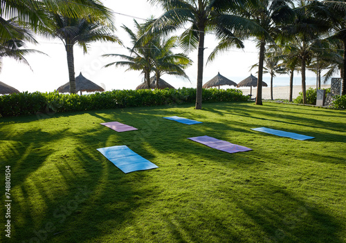 A yoga mat spread out on the grass.
