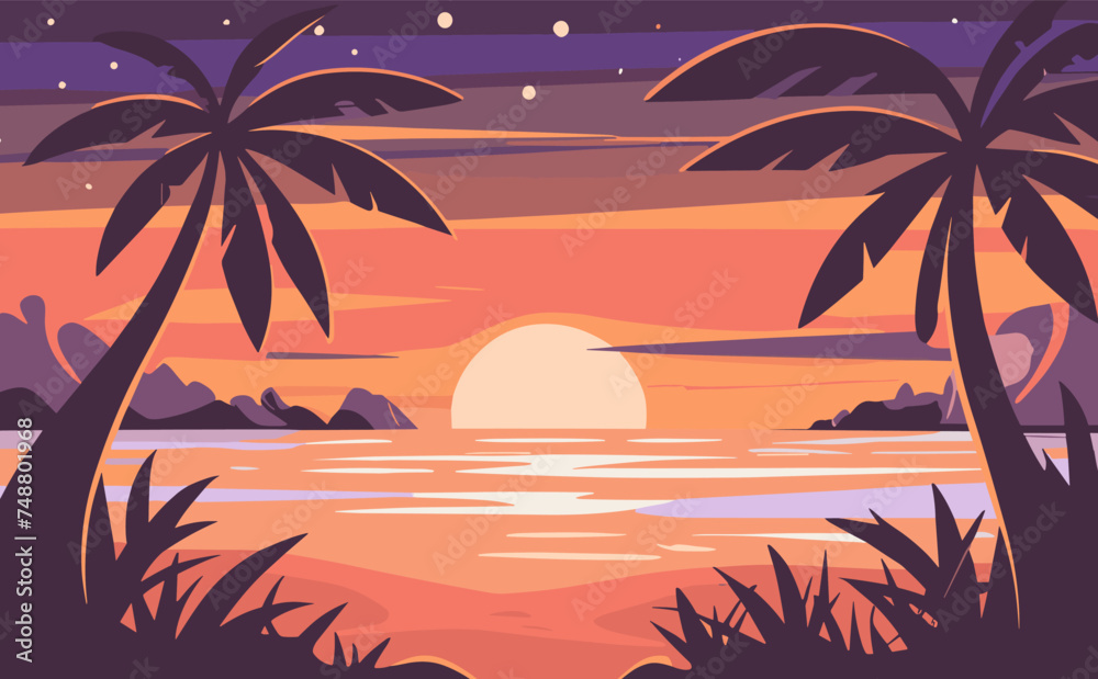 Sunset on Tropical Sea beach background, landscape with sand beach, sea water edge and palm trees. Colorful vector art illustration, banner, wallpaper .