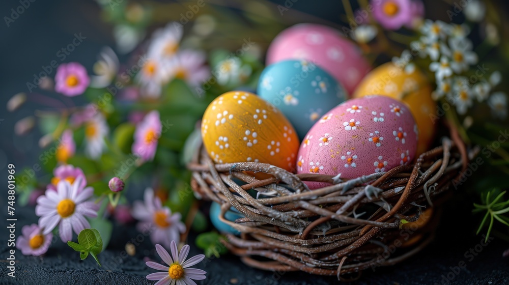 Close-up of colorful Easter eggs arranged in a basket, with spring flowers in the background Close-up of colorful Easter eggs arranged in a basket, with spring flowers in the background