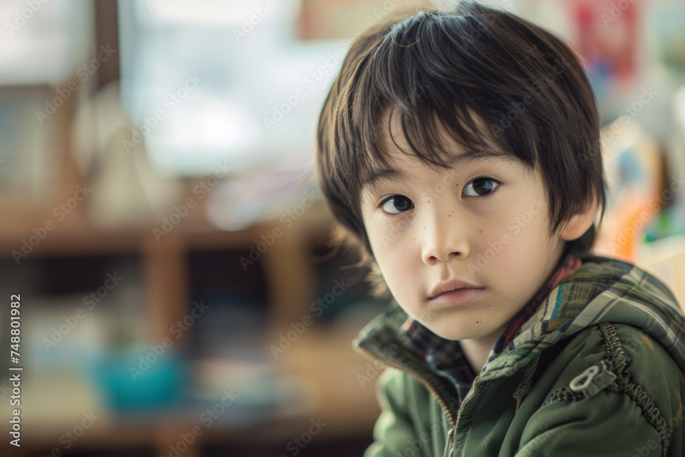 Young boy with a thoughtful stare, lost in a poignant moment. Young boy with a thoughtful stare, lost in a poignant moment.
