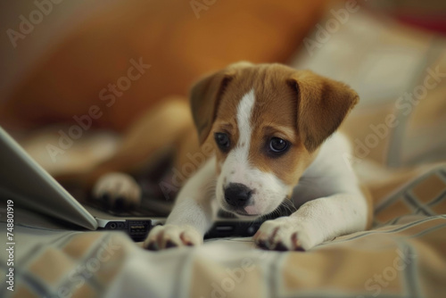 Curious puppy explores laptop, technological encounter of innocence. © Victor Bertrand