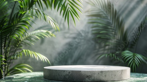 Concrete display podium in a lush tropical foliage setting  perfect for product presentation. 